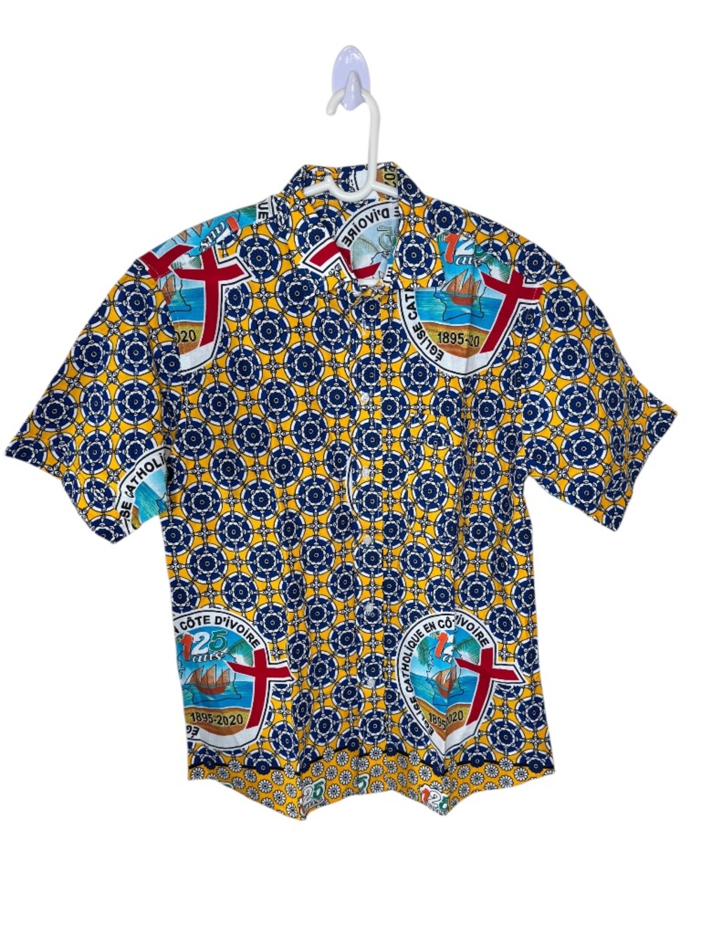 Vintage Côte d'Ivoire Catholic Church 125 Years Wax Print Button-Up Shirt